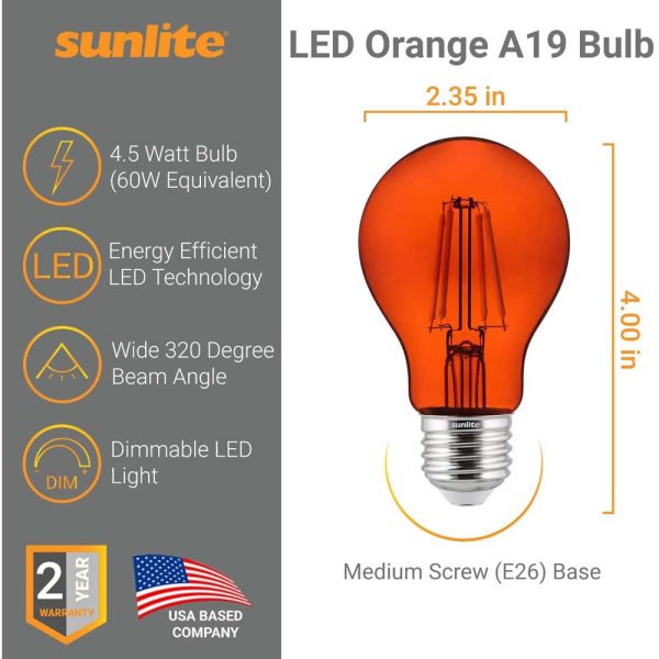 6Pk - Sunlite 4.5 Watts LED A19 Colored Orange Transparent Dimmable Light Bulb Cheap