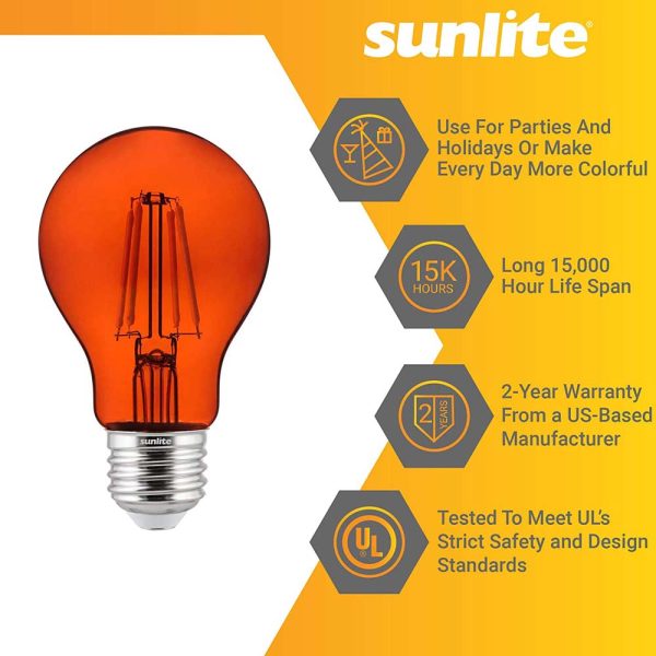 6Pk - Sunlite 4.5 Watts LED A19 Colored Orange Transparent Dimmable Light Bulb Cheap