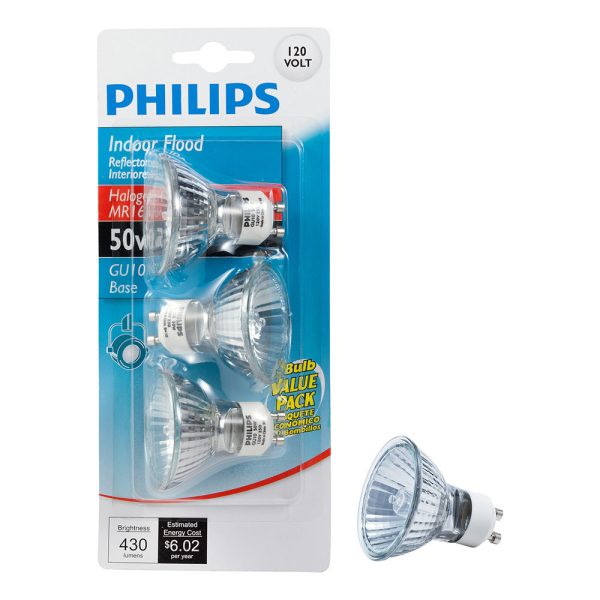 3Pk - Philips 50w MR16 GU10 Flood 25 2800K Dimmable Halogen Bulb on Sale