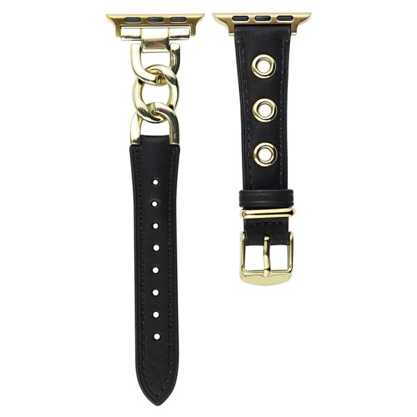 Cow Leather Watch Band for Apple Watch 41mm 40mm 38mm - Black+Gold Buckle on Sale