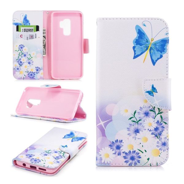 Samsung Galaxy S9 Plus pattern printing leather case - Blue Butterfly and Daisy on Sale